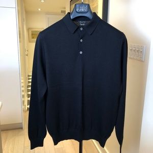 Massimo Dutti Men's Merino Wool Polo Sweater, Black - Medium